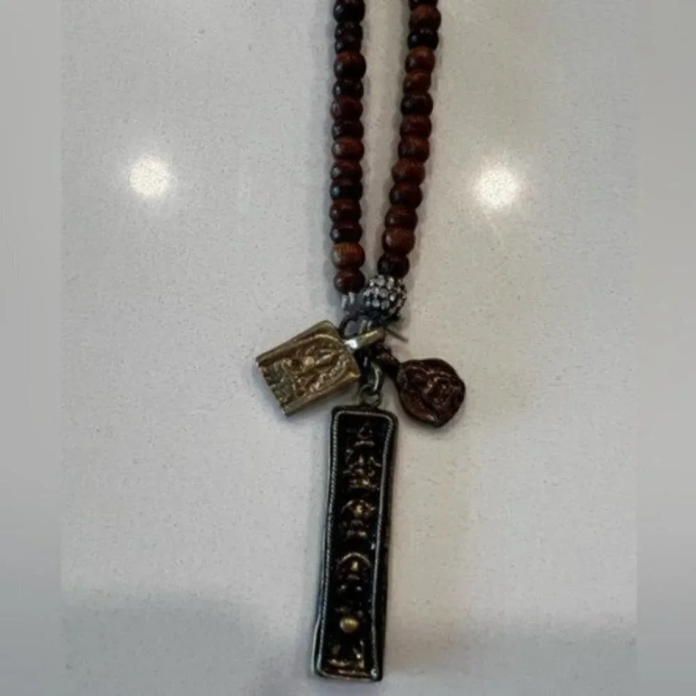 Wood Beaded Necklaces for Women with Gold Pendant - Gold Necklace for Women - Picture 5 of 7